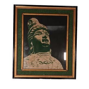 Vintage Batik Buddha Art Wall Hanging 17"x14" Stone Picture Taiwan ROC